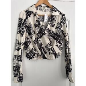 NWT Steps New York Cream and Black Wrap Blouse Size Medium